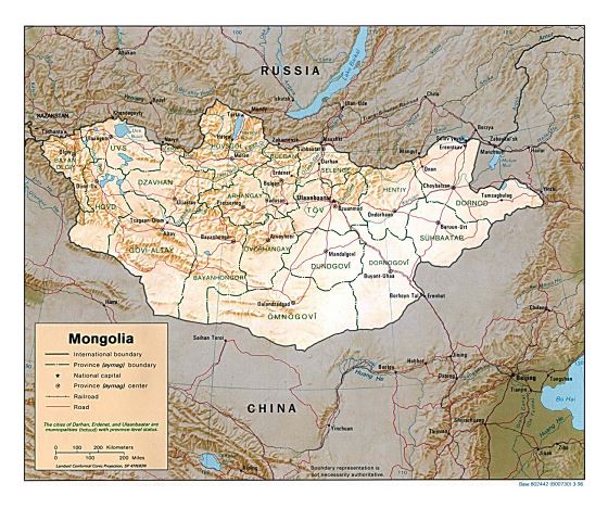 Detallado mapa político y administrativo de Mongolia con relieve, carreteras, ferrocarriles y principales ciudades - 1996