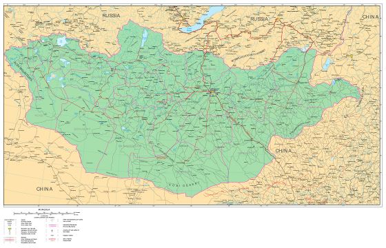 Grande detallado mapa de carreteras de Mongolia con ciudades y otras marcas