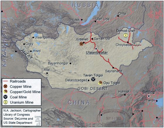 Grande detallado mapa de Mongolia con minas de mineral, minas de carbón y ferrocarriles