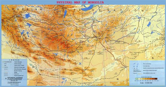 Grande detallado mapa físico de Mongolia con carreteras, ferrocarriles, ciudades y otras marcas