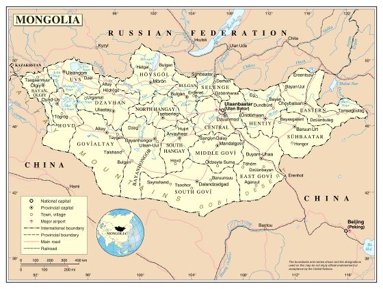 Grande detallado mapa político y administrativo de Mongolia con carreteras, ferrocarriles, ciudades y aeropuertos