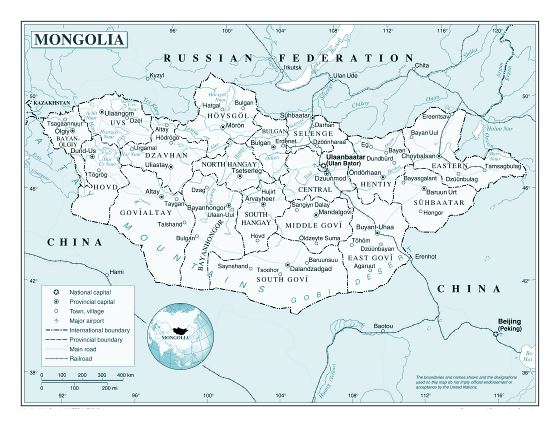 Grande detallado mapa político y administrativo de Mongolia con carreteras, ferrocarriles, principales ciudades y aeropuertos