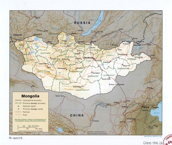 Grande detallado mapa político y administrativo de Mongolia con relieve, carreteras, ferrocarriles y principales ciudades - 1996