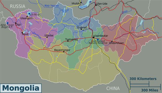 Grande mapa de regiones de Mongolia