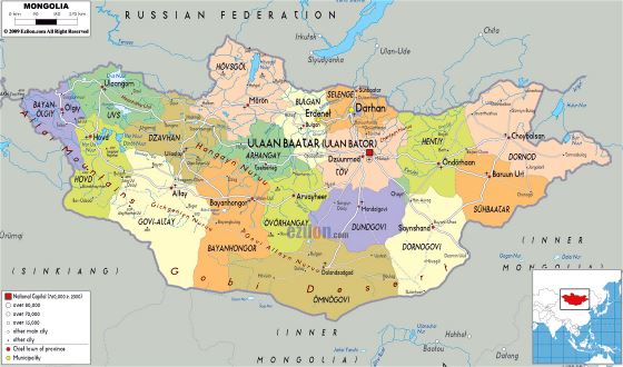 Grande mapa político y administrativo de Mongolia con carreteras, ciudades y aeropuertos