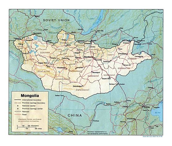 Grande mapa político y administrativo de Mongolia con relieve, carreteras, ferrocarriles y principales ciudades - 1989