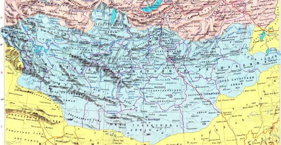 Grande mapa político y administrativo de Mongolia con relieve, carreteras y ciudades en ruso