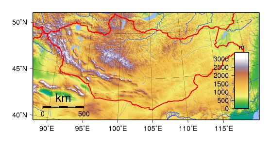 Grande mapa topográfico de Mongolia