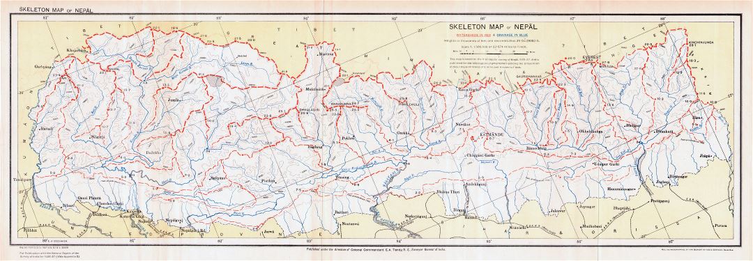 A gran escala detallado antiguo mapa esqueleto de Nepal - 1927