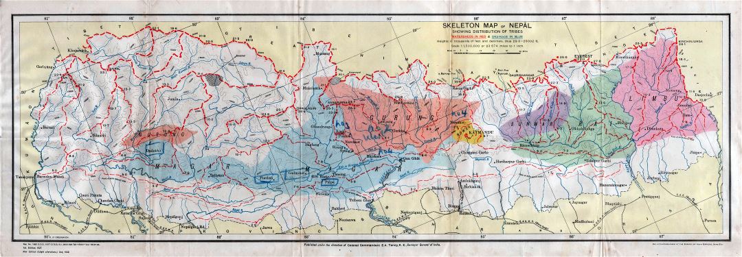 A gran escala detallado antiguo mapa esqueleto de Nepal que muestra distribución de tribus - 1933