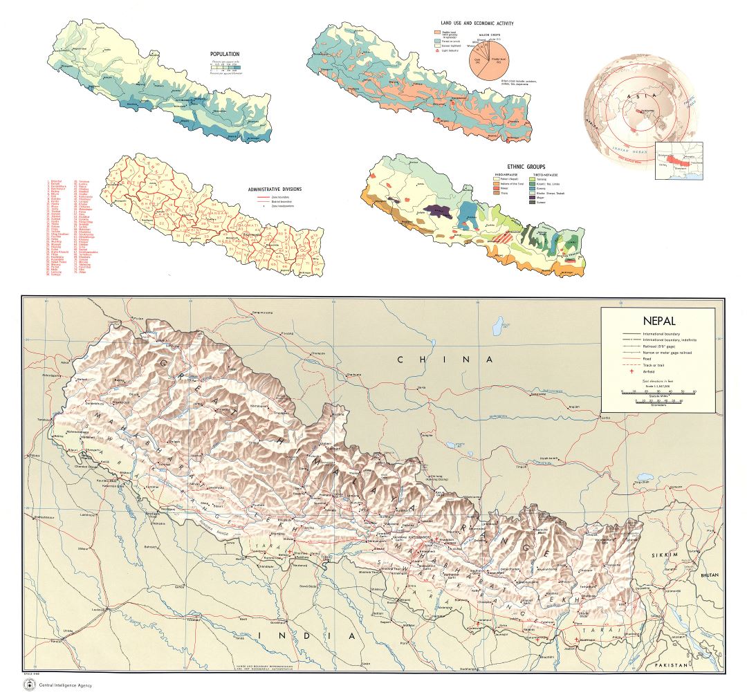 A gran escala mapa del perfil del país de Nepal - 1968
