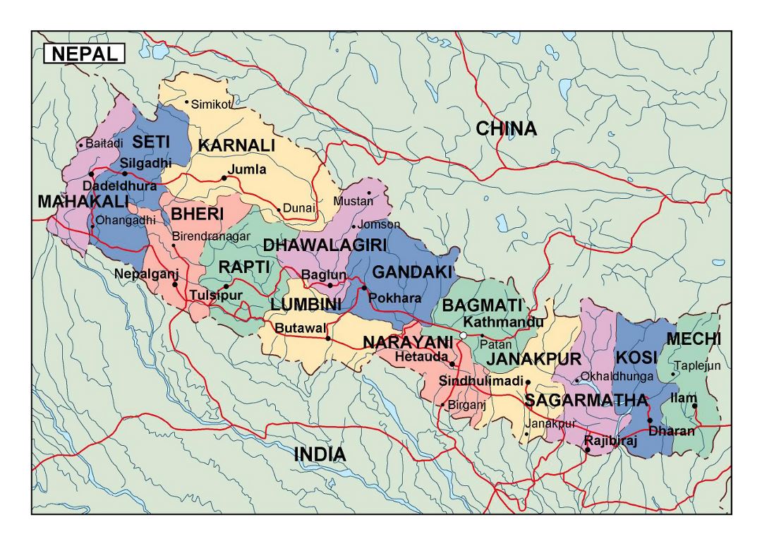 Detallado mapa administrativo de Nepal