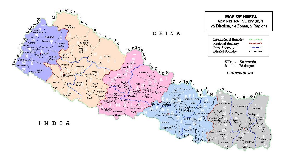 Detallado mapa de administrativas divisiones de Nepal