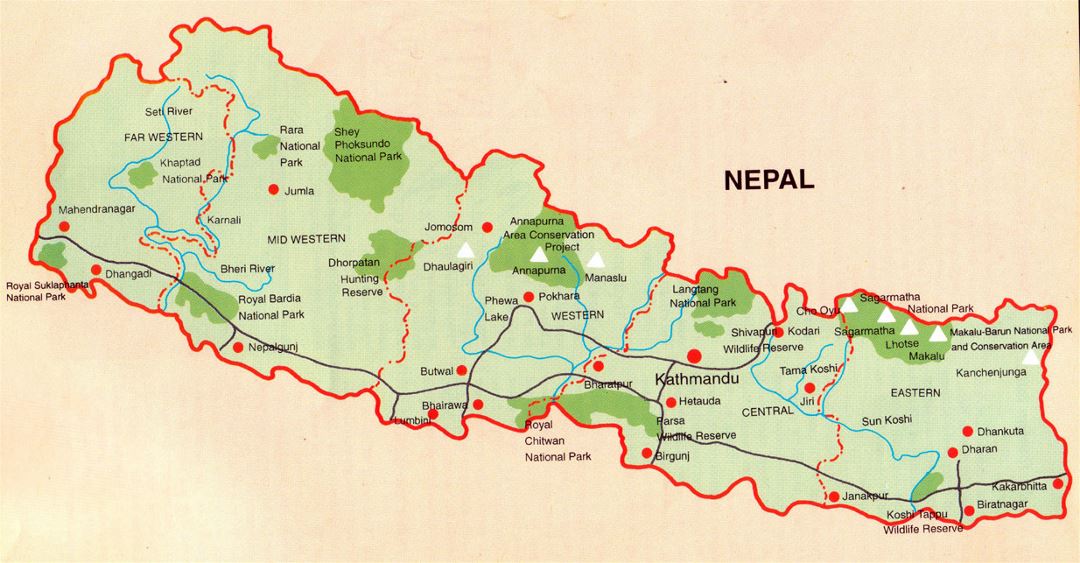 Detallado mapa de Nepal con parques nacionales, carreteras y principales ciudades