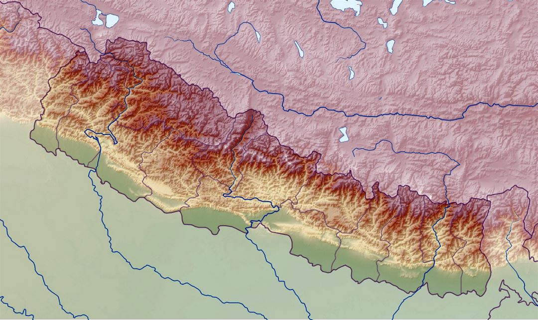 Detallado mapa en relieve de Nepal