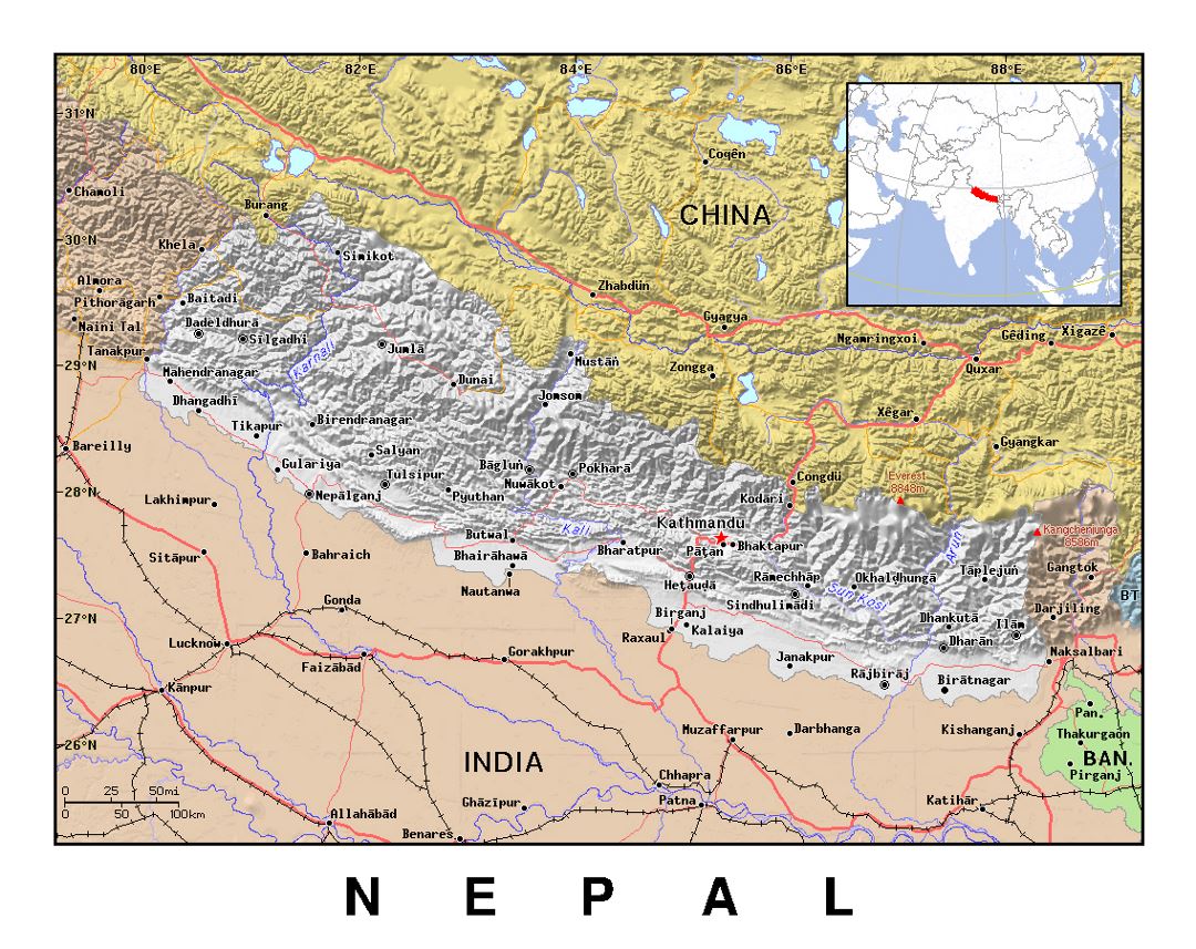 Detallado mapa político de Nepal con alivio