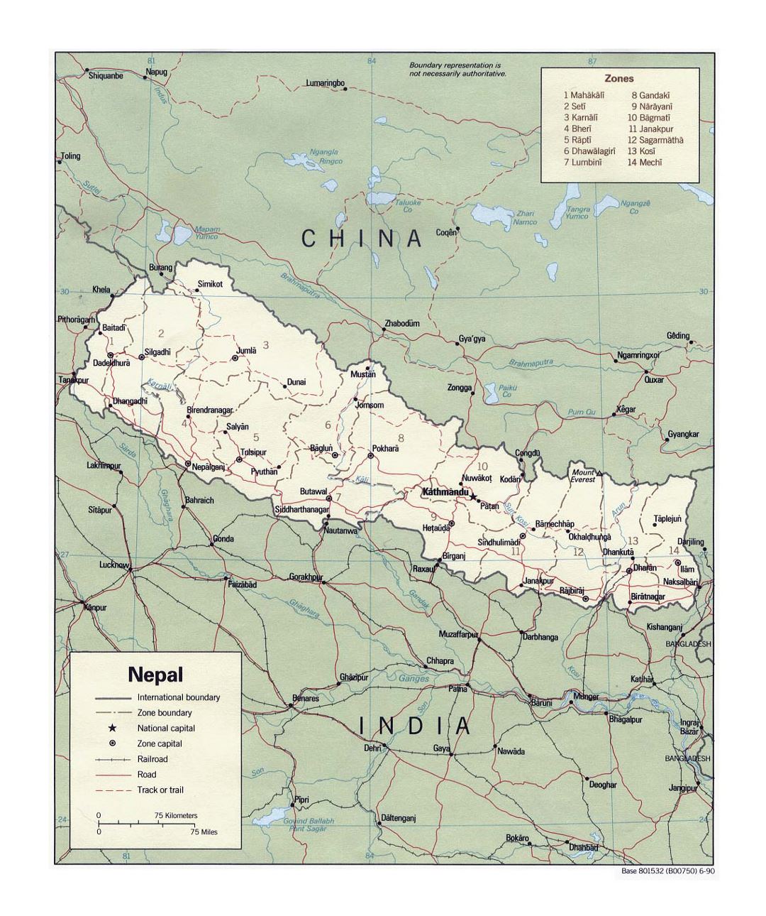 Detallado mapa político y administrativo de Nepal con carreteras, ferrocarriles y principales ciudades - 1990
