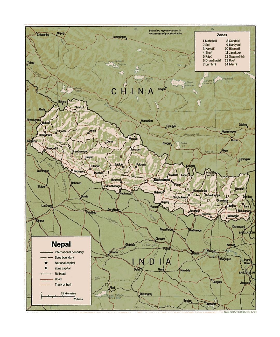 Detallado mapa político y administrativo de Nepal con relieve, carreteras, ferrocarriles y principales ciudades - 1990