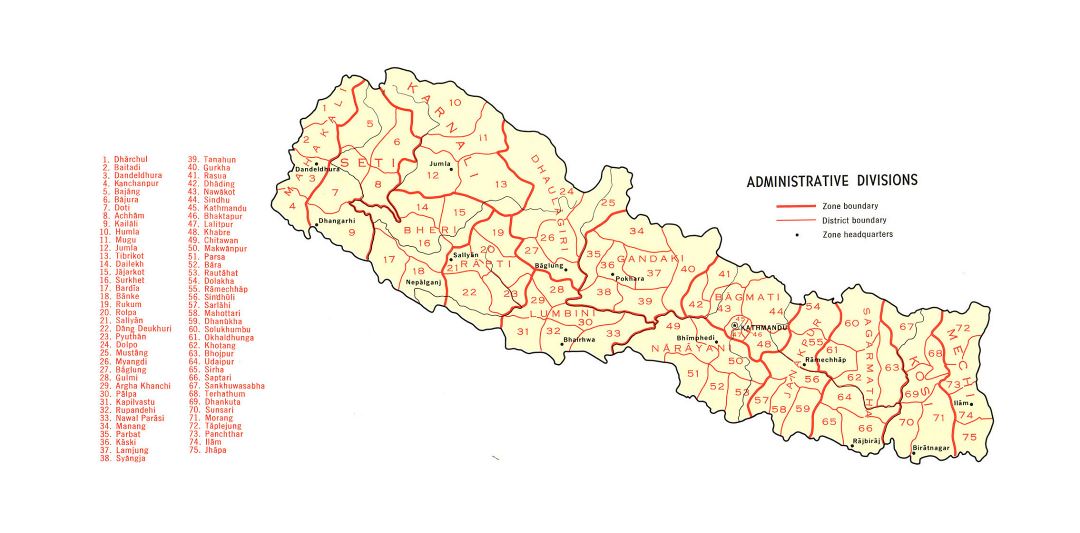 Grande detallado mapa de administrativas divisiones de Nepal - 1968