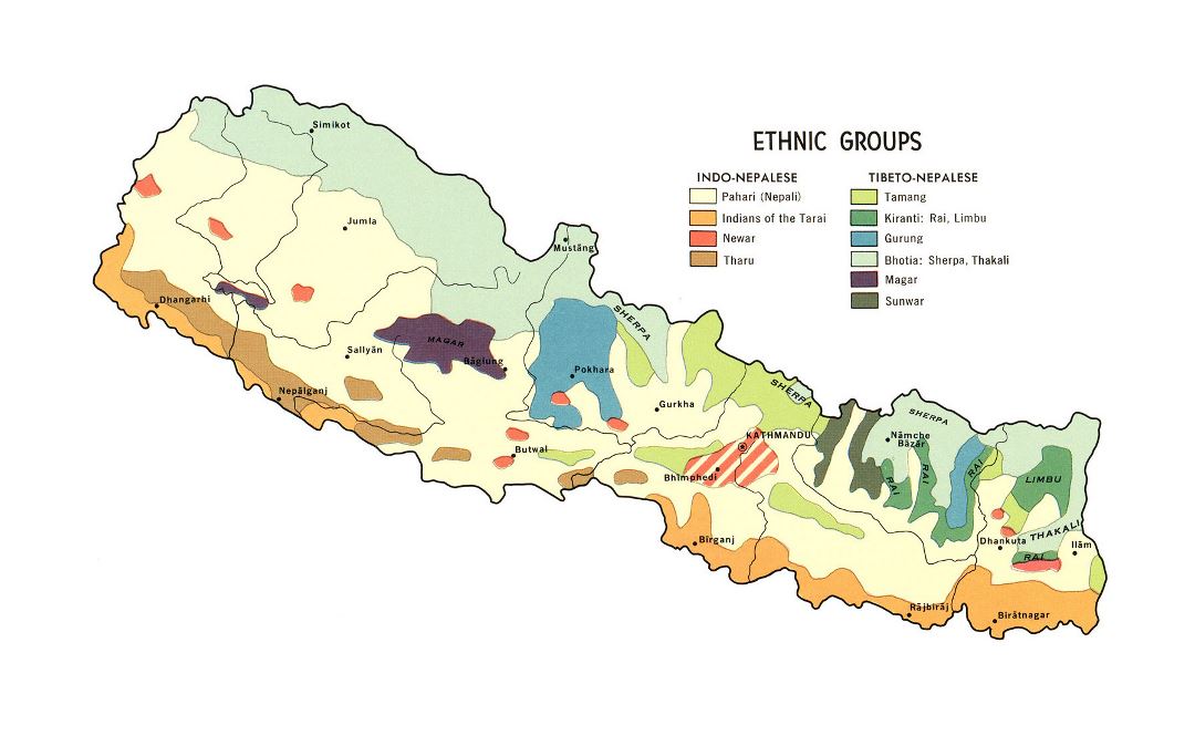 Grande detallado mapa de grupos étnicos de Nepal - 1968