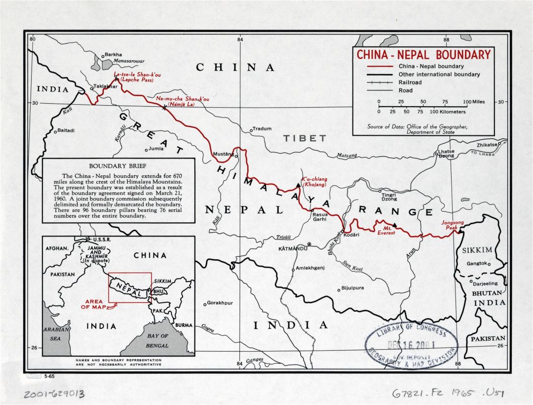 Grande detallado mapa de límites de China - Nepal - 1965