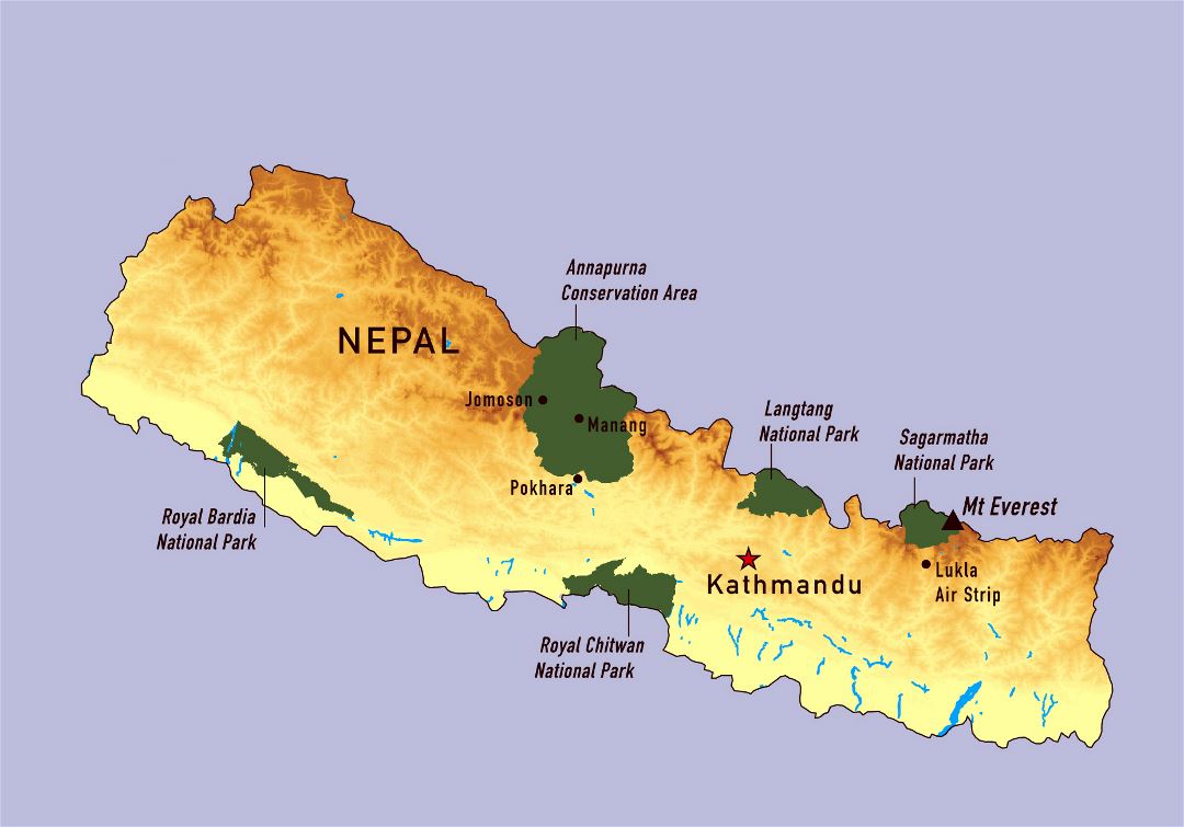 Grande detallado mapa de Nepal con parques nacionales