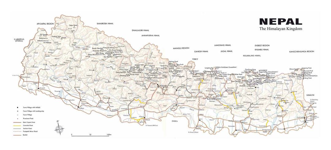 Grande detallado mapa de Nepal con relieve, carreteras y todas ciudades