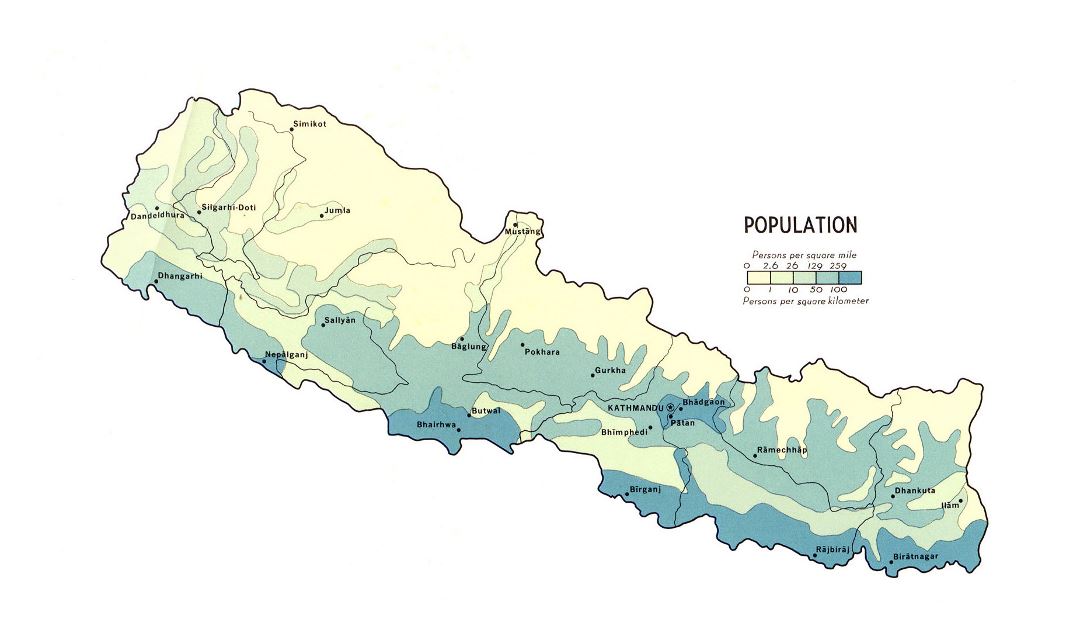 Grande detallado mapa de población de Nepal - 1968