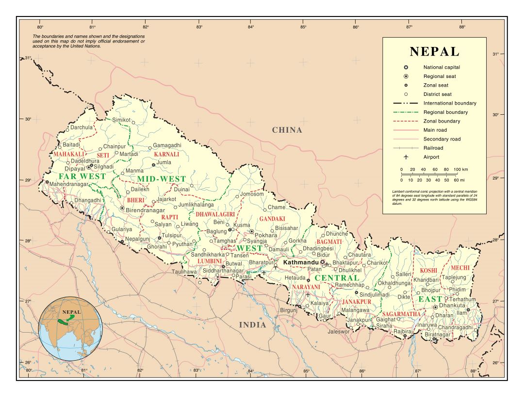 Grande detallado mapa político y administrativo de Nepal con carreteras, ferrocarriles, ciudades y aeropuertos