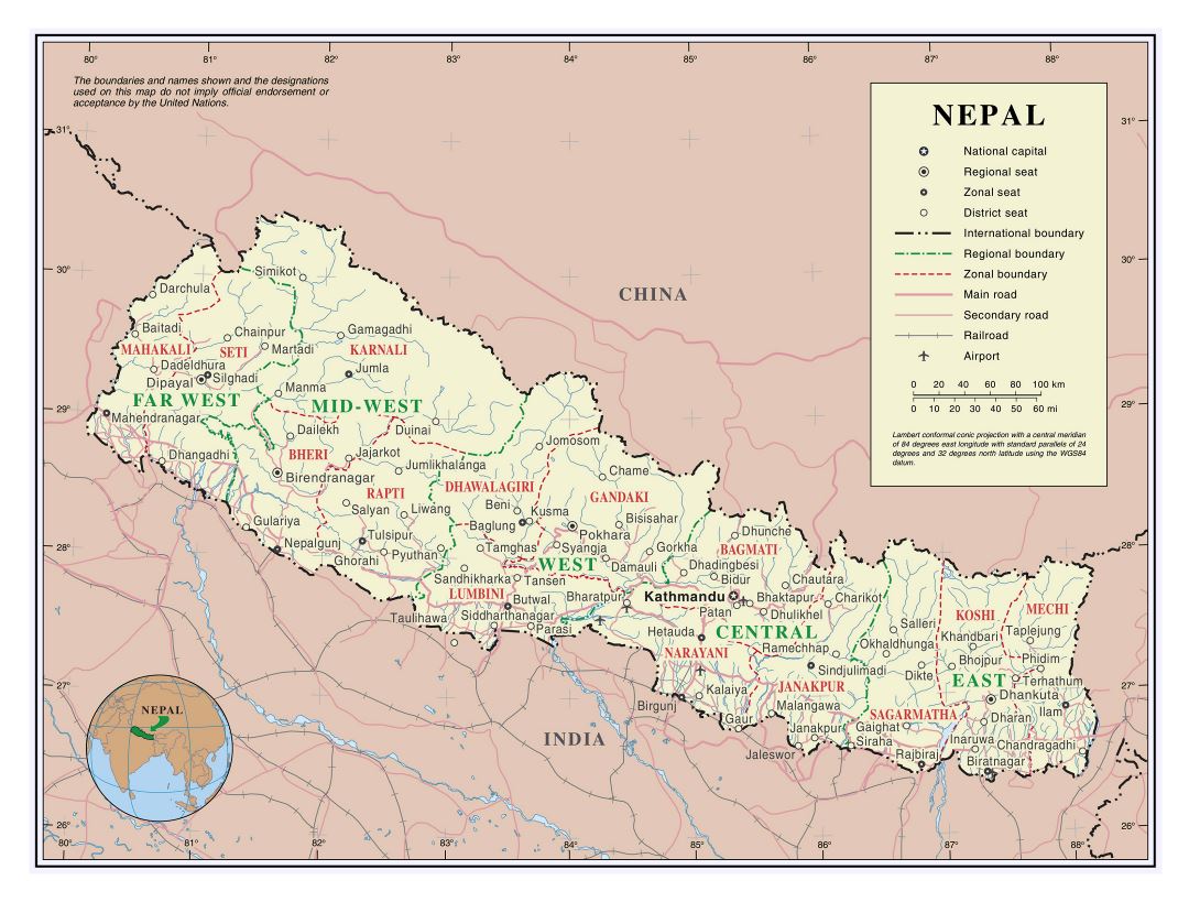 Grande detallado mapa político y administrativo de Nepal con carreteras, ferrocarriles, principales ciudades y aeropuertos