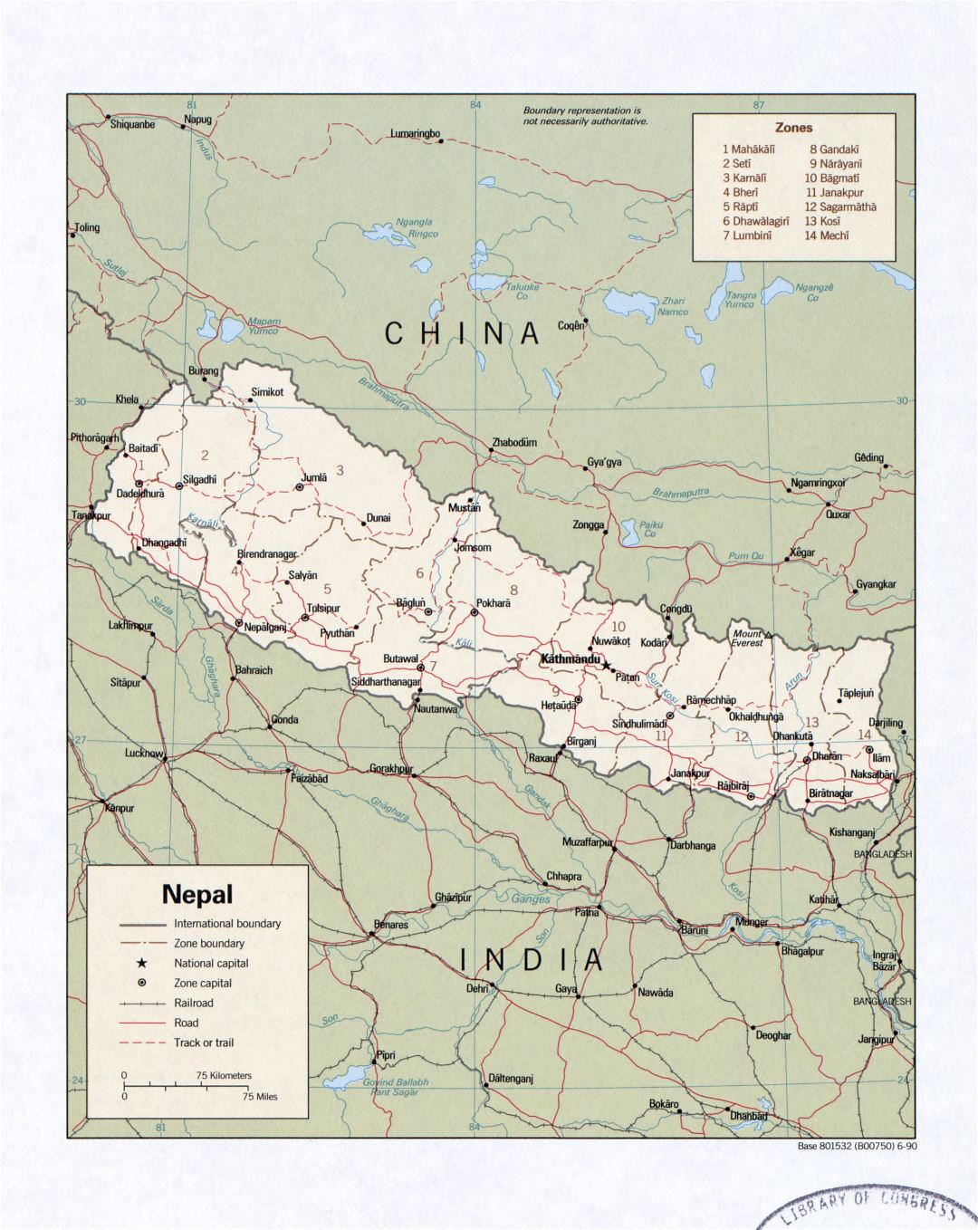 Grande detallado mapa político y administrativo de Nepal con carreteras, ferrocarriles y ciudades - 1990