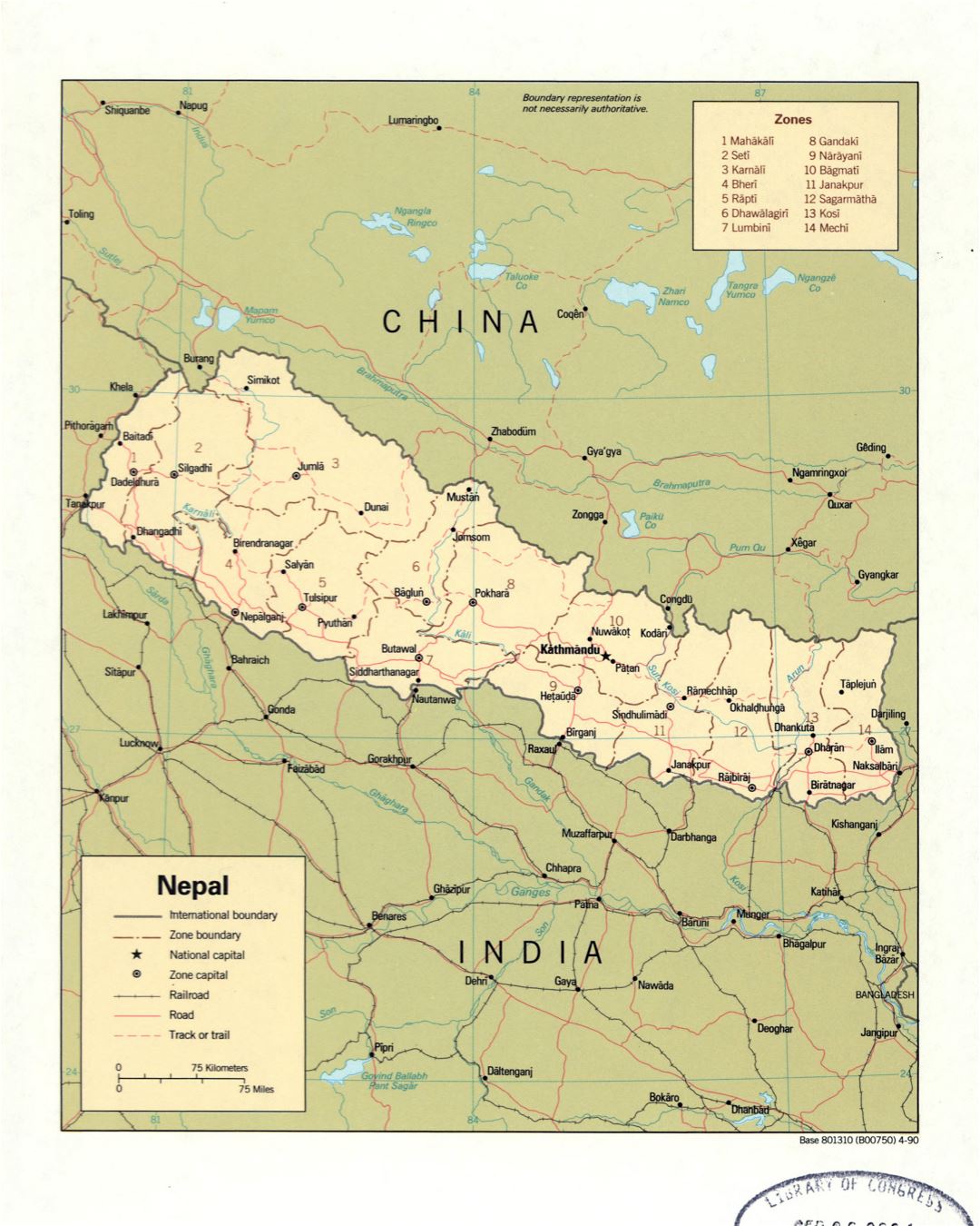 Grande detallado mapa político y administrativo de Nepal con carreteras, ferrocarriles y principales ciudades - 1990