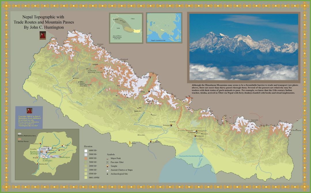 Grande detallado mapa topográfico con rutas comerciales y pasos de montaña de Nepal