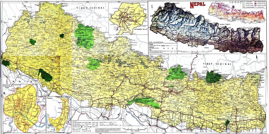 Grande detallado mapa topográfico de Nepal con carreteras, ciudades y otras marcas