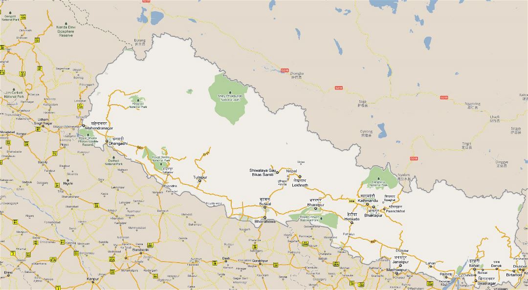 Grande hoja de ruta de Nepal con parques nacionales y ciudades