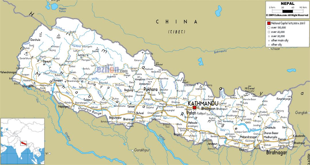 Grande mapa de carreteras de Nepal con ciudades y aeropuertos
