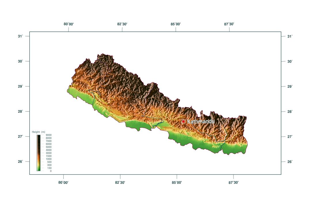 Grande mapa de elevación de Nepal