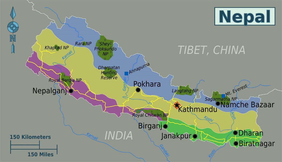 Grande mapa de regiones de Nepal