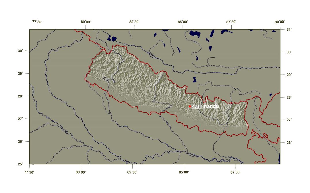 Grande mapa en relieve sombreado de Nepal