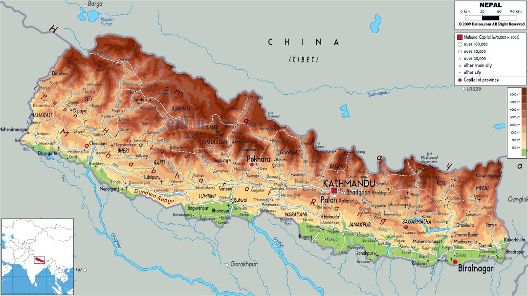 Grande mapa físico de Nepal con carreteras, ciudades y aeropuertos