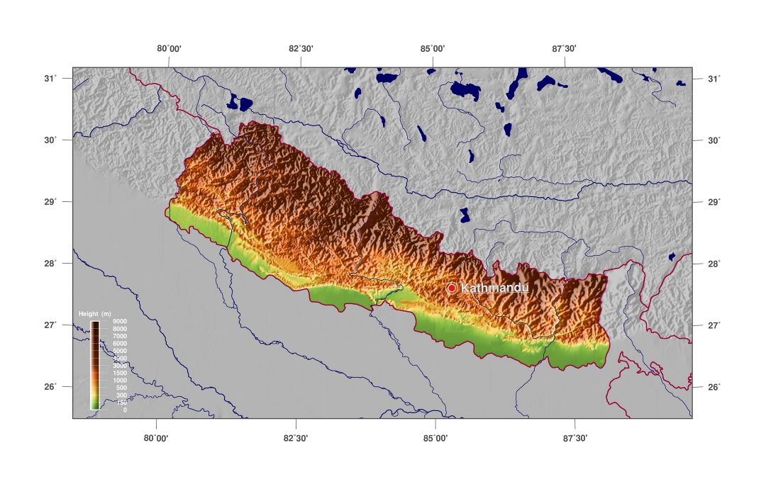 Grande mapa físico de Nepal