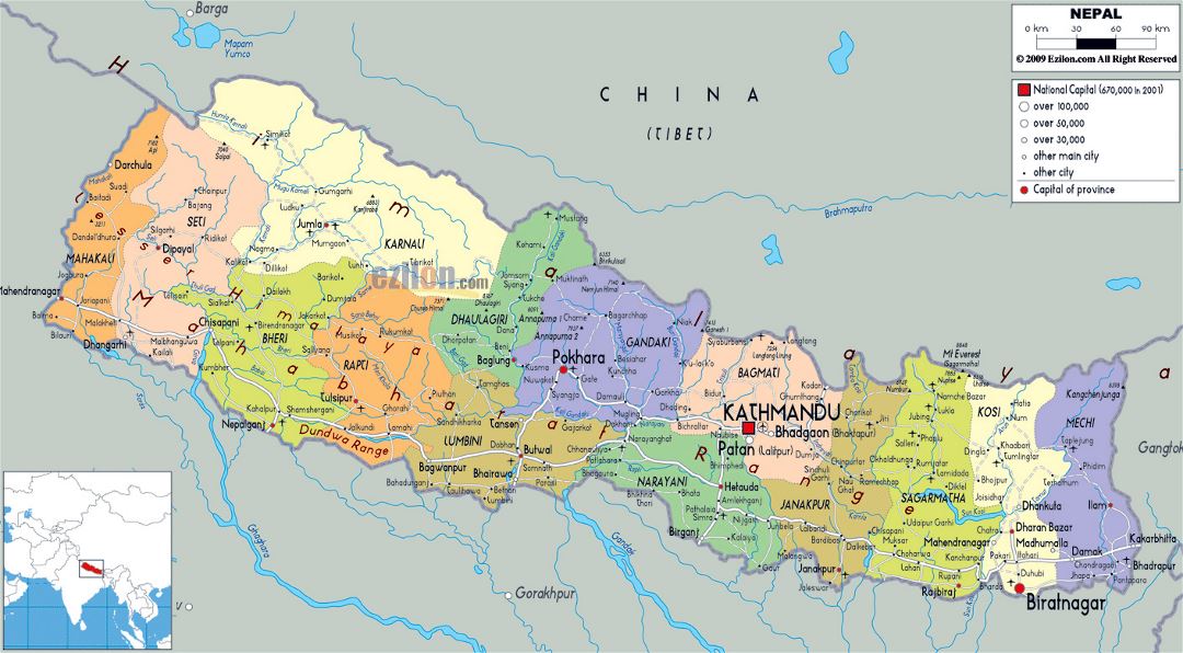 Grande mapa político y administrativo de Nepal con carreteras, ciudades y aeropuertos