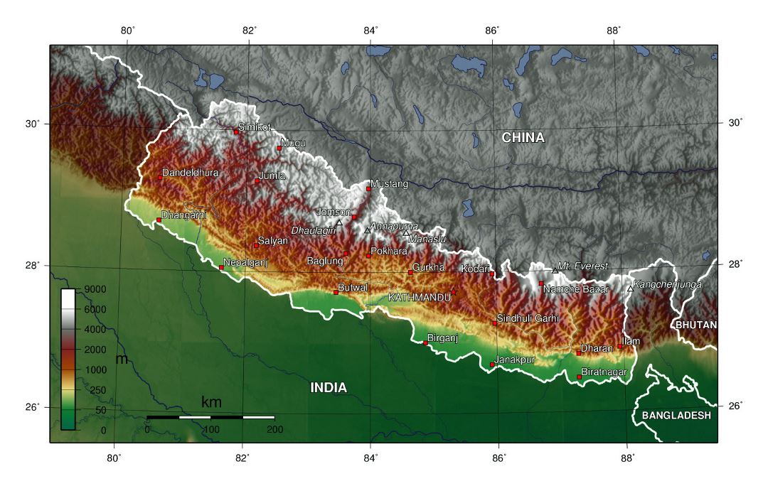 Grande mapa topográfico de Nepal