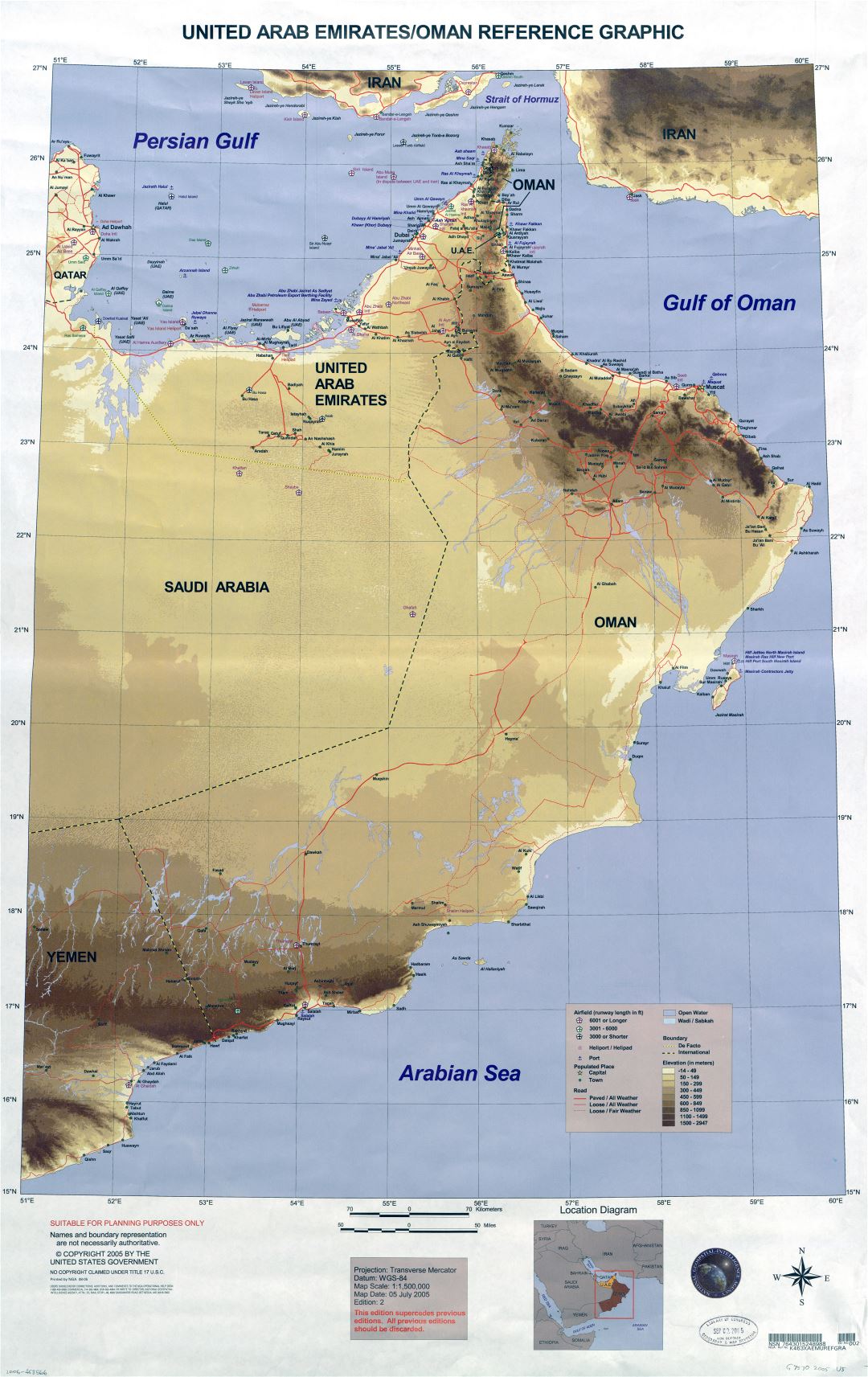 A gran escala detallado mapa de elevación de Emiratos Árabes Unidos y Omán con aeropuertos, puertos, helipuertos, ciudades, pueblos, carreteras y otras marcas - 2005