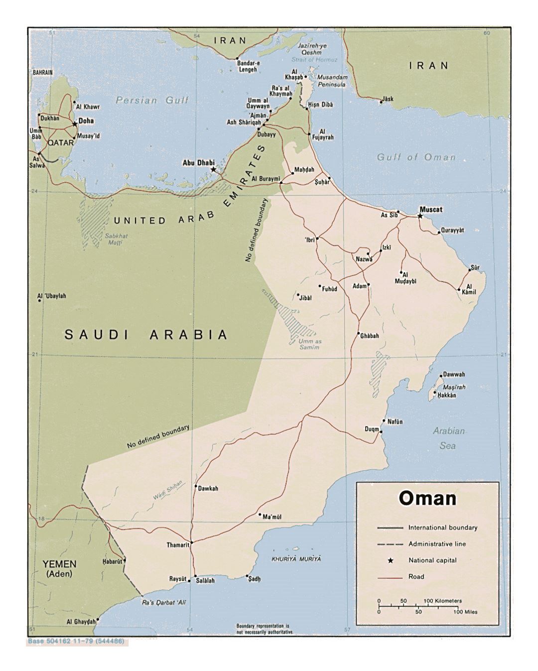 Detallado mapa político de Omán con carreteras y principales ciudades - 1979