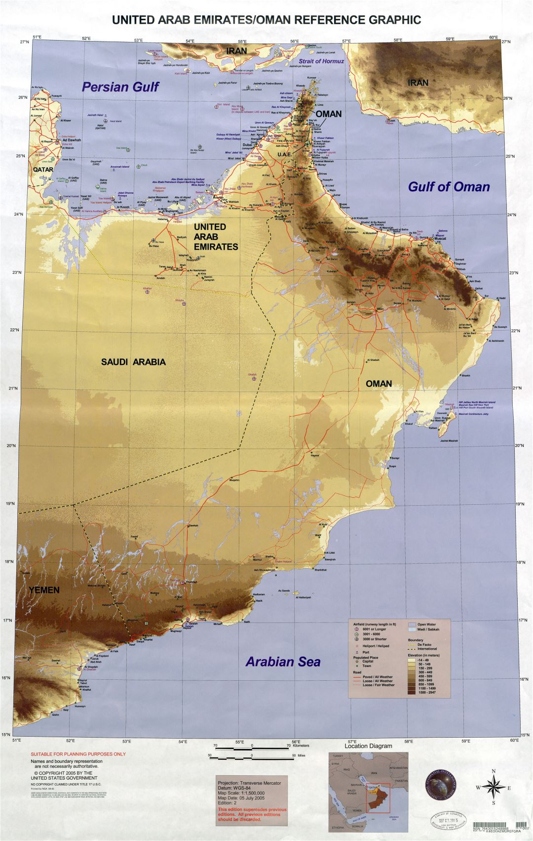 Grande detallado mapa de elevación de Emiratos Árabes Unidos y Omán con carreteras, todas ciudades, aeropuertos, helipuertos, puertos y otras marcas - 2005