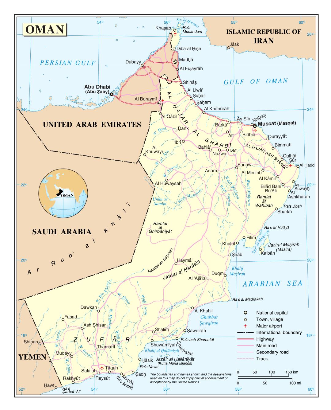 Grande detallado mapa político de Omán con carreteras, ciudades y aeropuertos