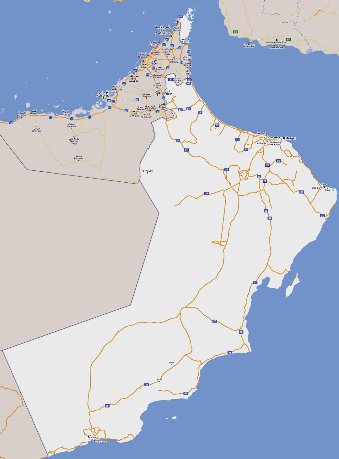 Grande mapa de carreteras de Omán con ciudades