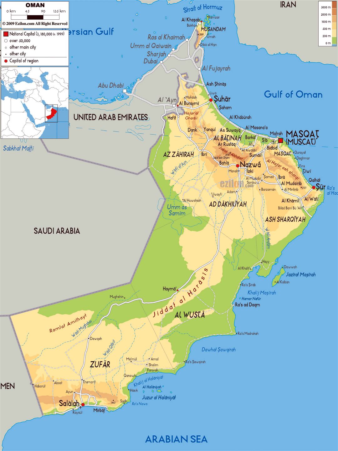 Grande mapa físico de Omán con carreteras, ciudades y aeropuertos