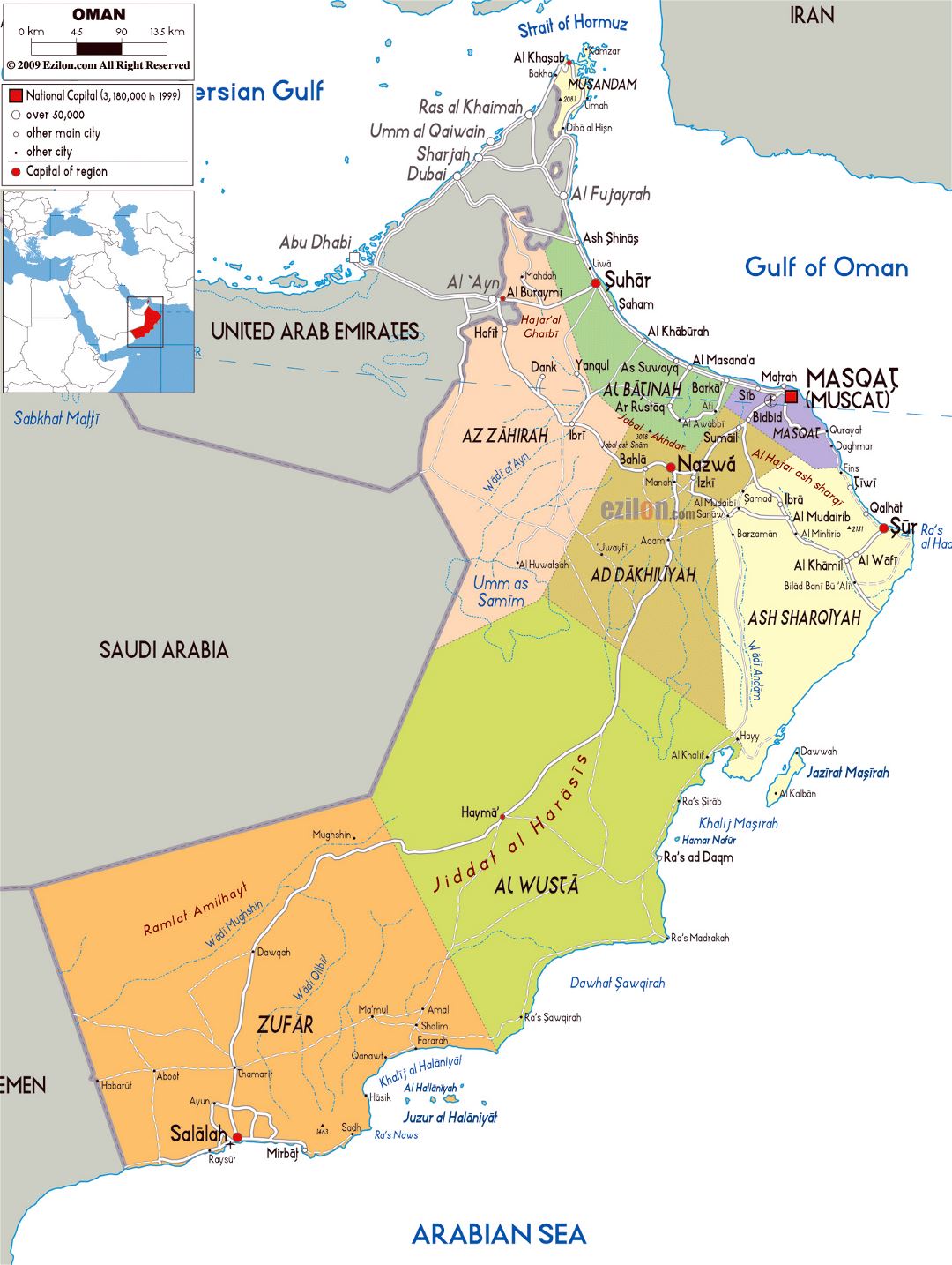 Grande mapa político y administrativo de Omán con carreteras, ciudades y aeropuertos